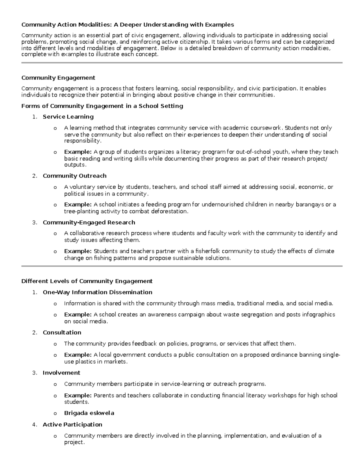 Community Action Modalities: Understanding Engagement Levels and ...