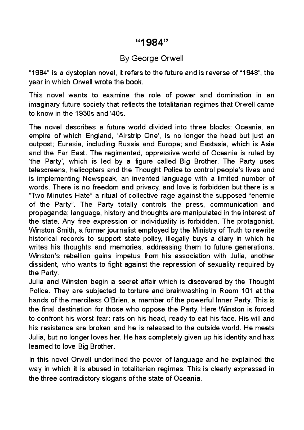 1984 (Second Edition) - Dystopian Themes and Power Dynamics - Studocu