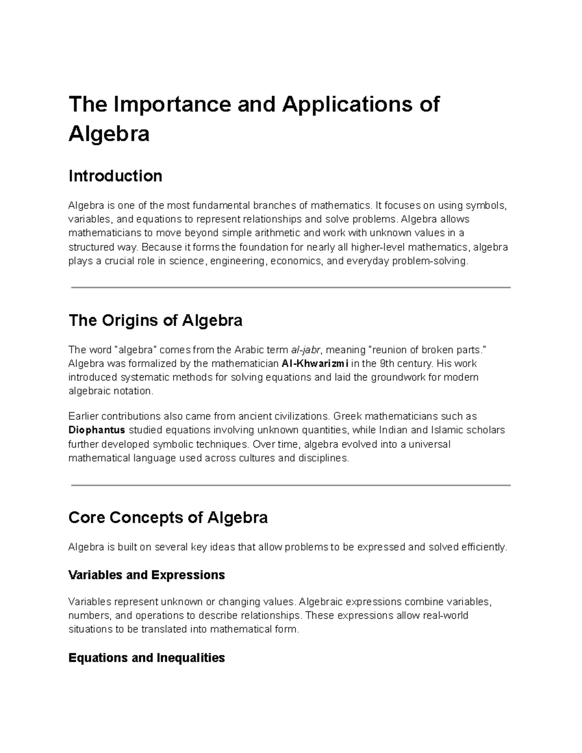 Algebra: Importance, Applications, and Core Concepts Explained - Studocu