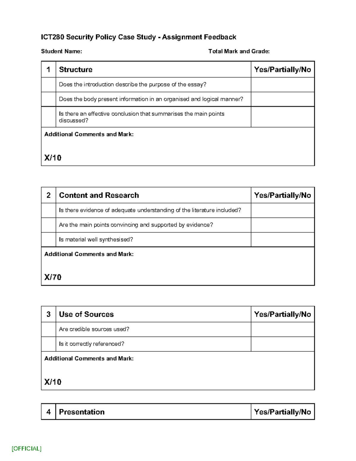 ICT280 Security Policy Case Study Assignment Feedback Sheet - Studocu