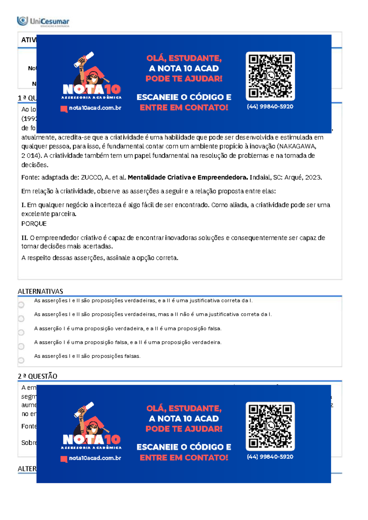 Atividade 2 - Mentalidade Criativa e Empreendedora - 51/2025 - 1 ª ...