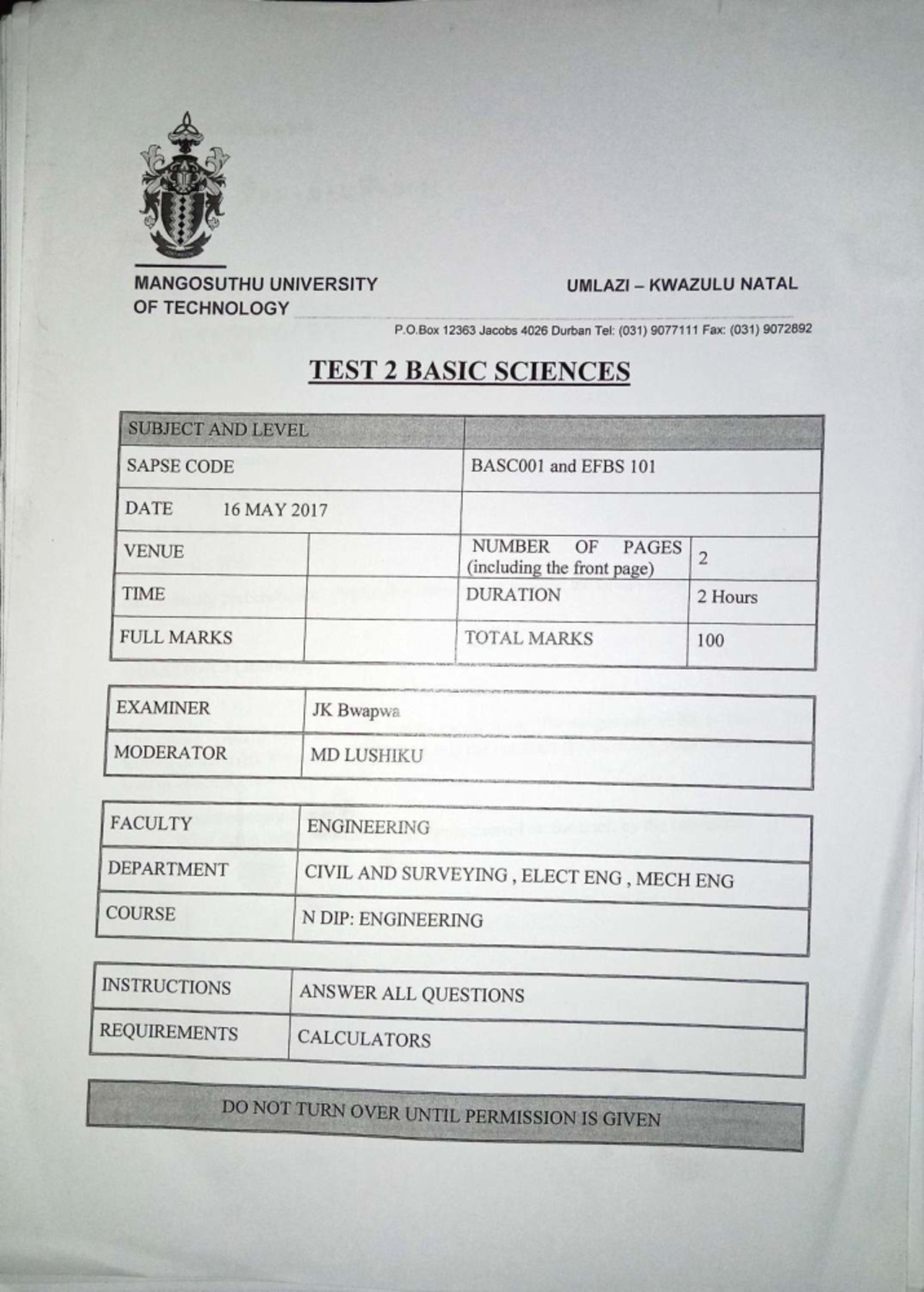 Basic Sciences Test 2 (BASC001 & EFBS101) - Engineering Concepts and ...