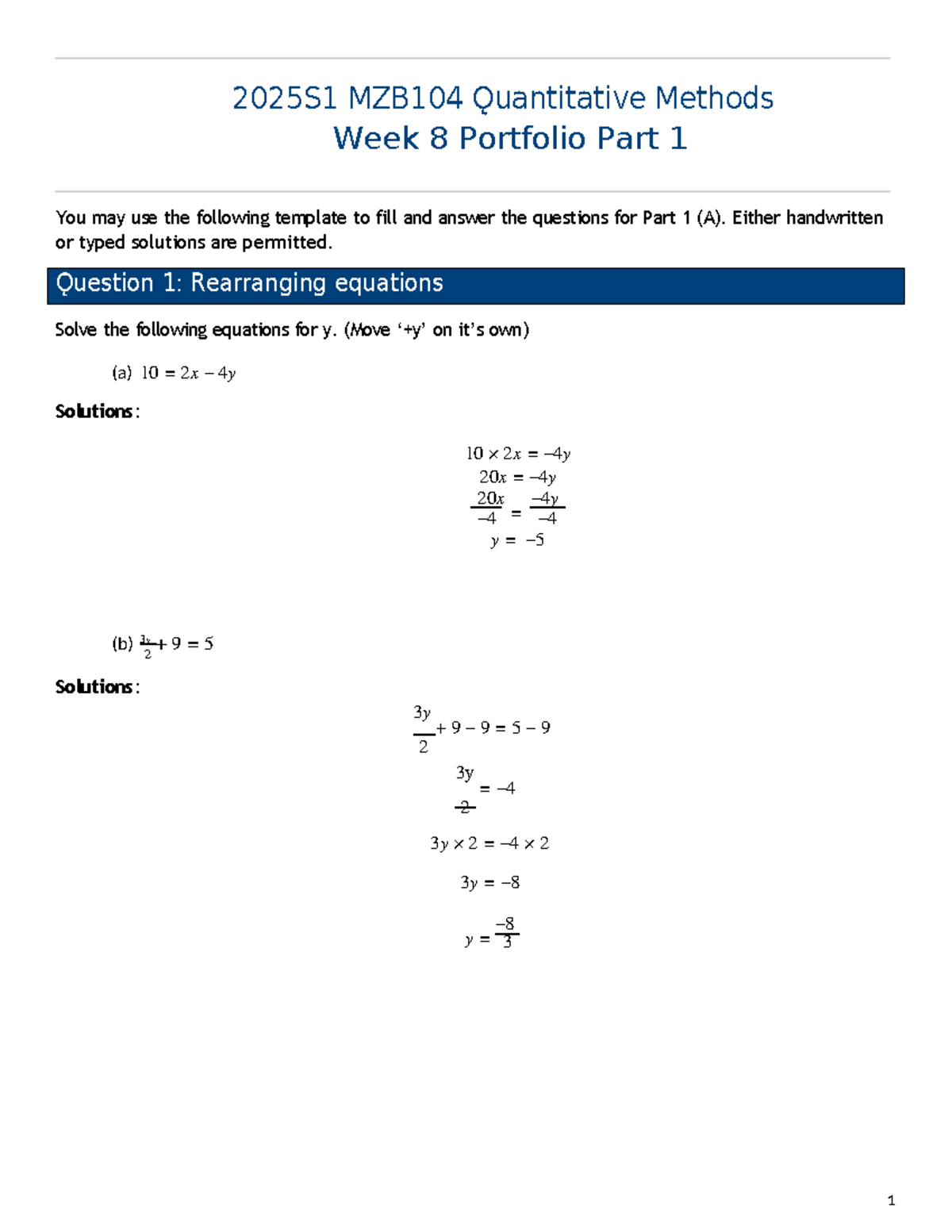 2025S1 MZB104 Quantitative Methods Week 8 Portfolio Part 1 - Studocu