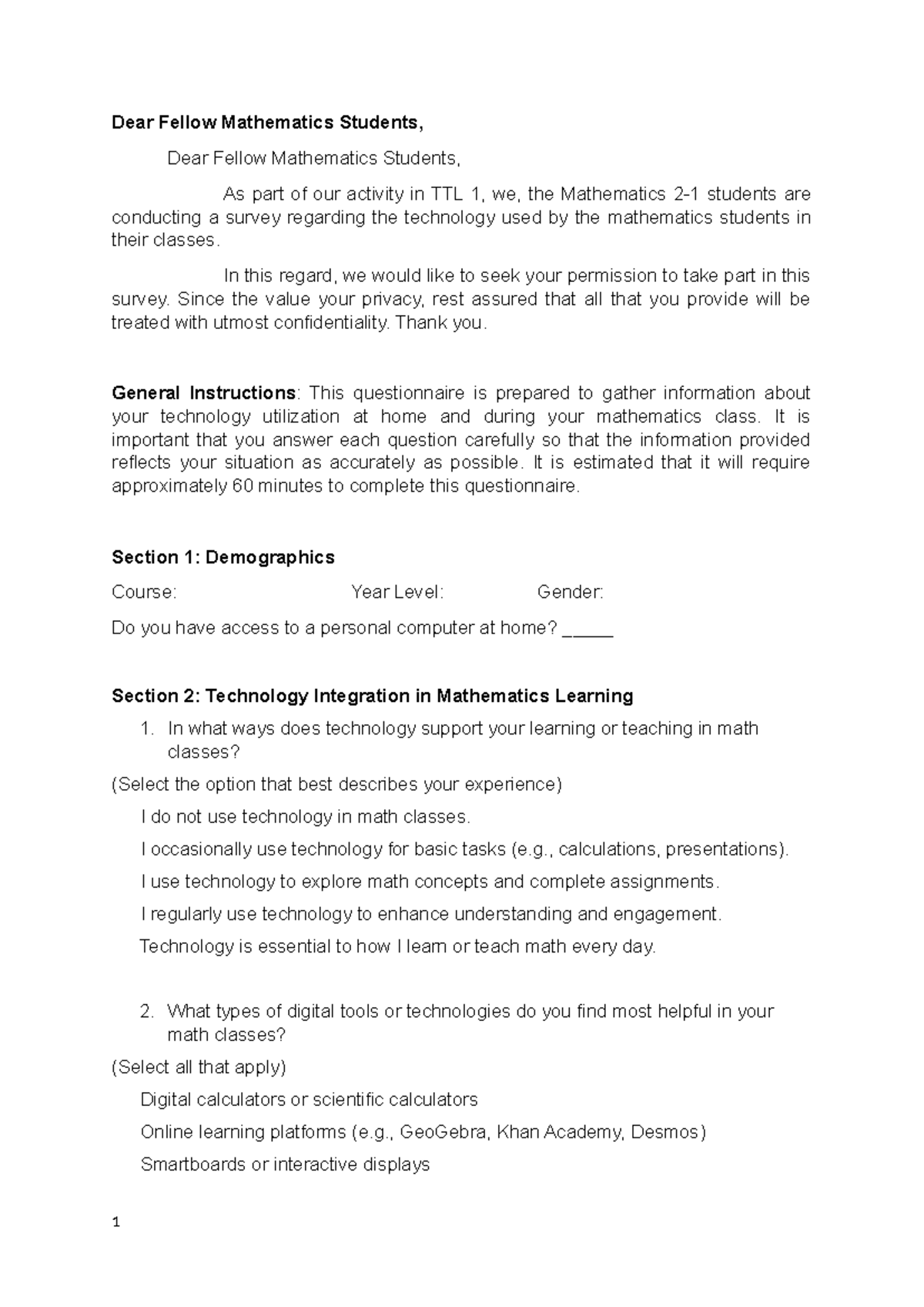 TTL 1 Survey: Technology Use in Mathematics Classes - Studocu