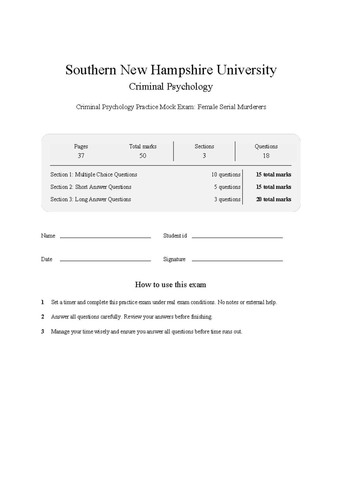 PSY 310 Criminal Psychology SNHU Practice Exam: Female Serial Killers ...