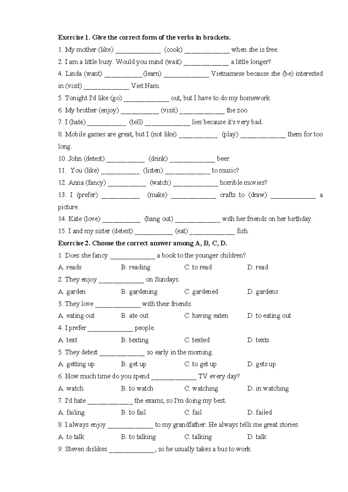MC.Exercise Unit 1 - Verb Forms and Leisure Activities - Studocu