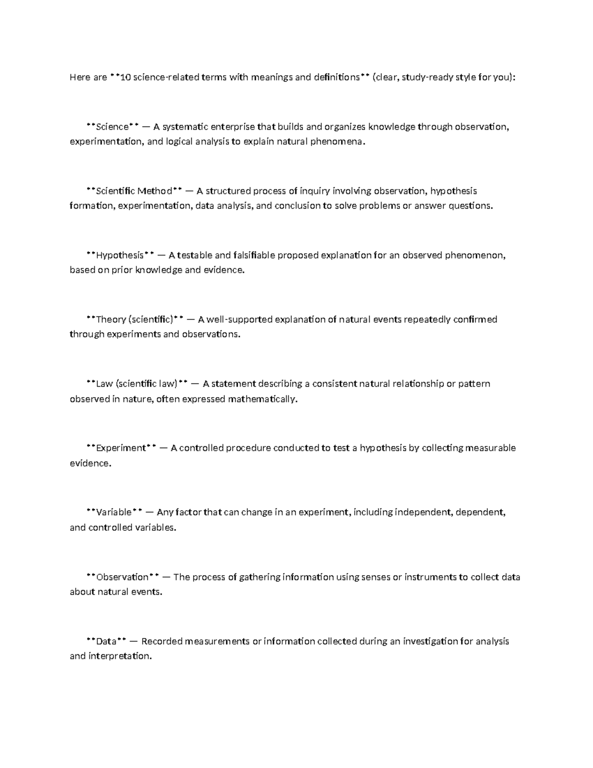 Scientific Terms and Definitions - SCI 101 - Studocu
