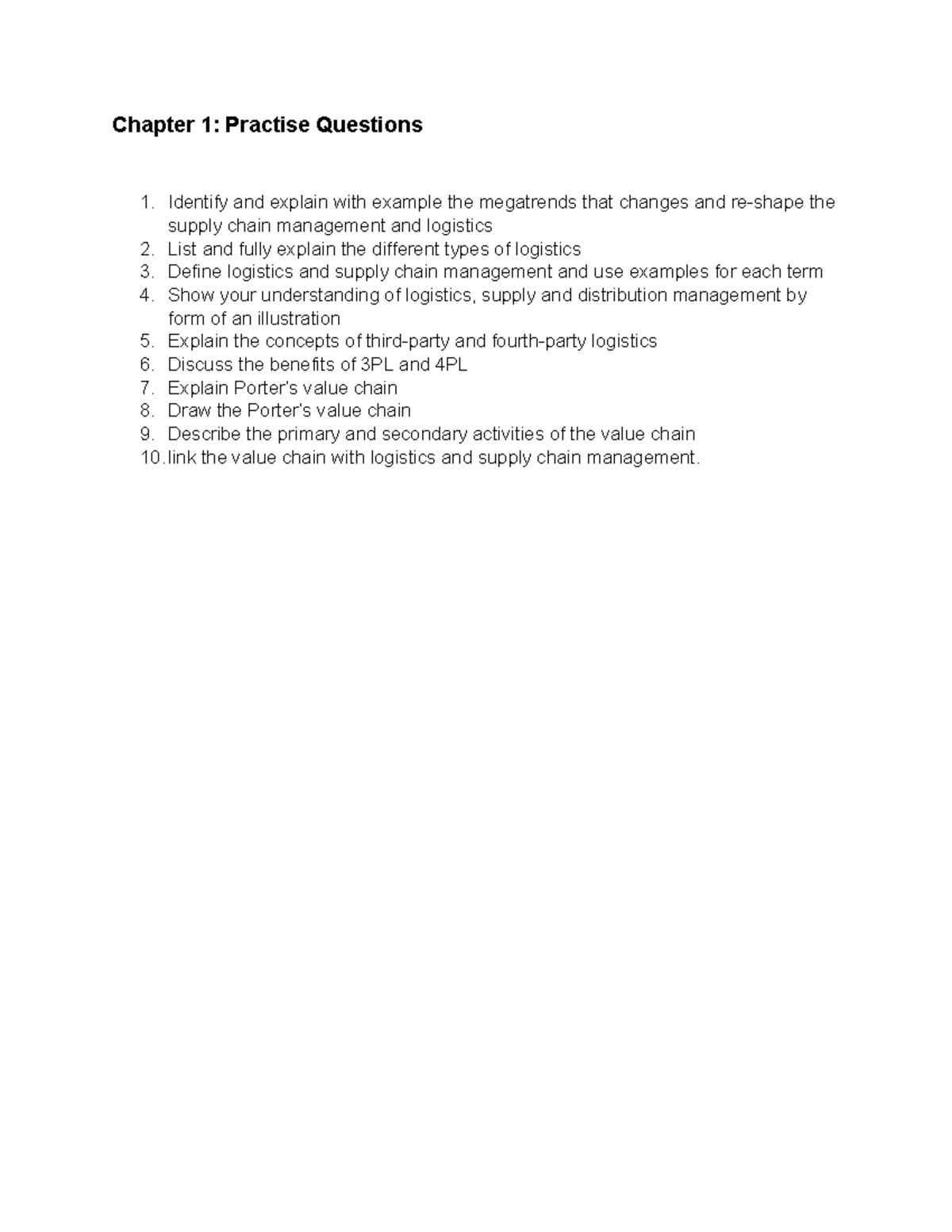 Intro To Logistics Chapter 1 Practice Questions Studocu