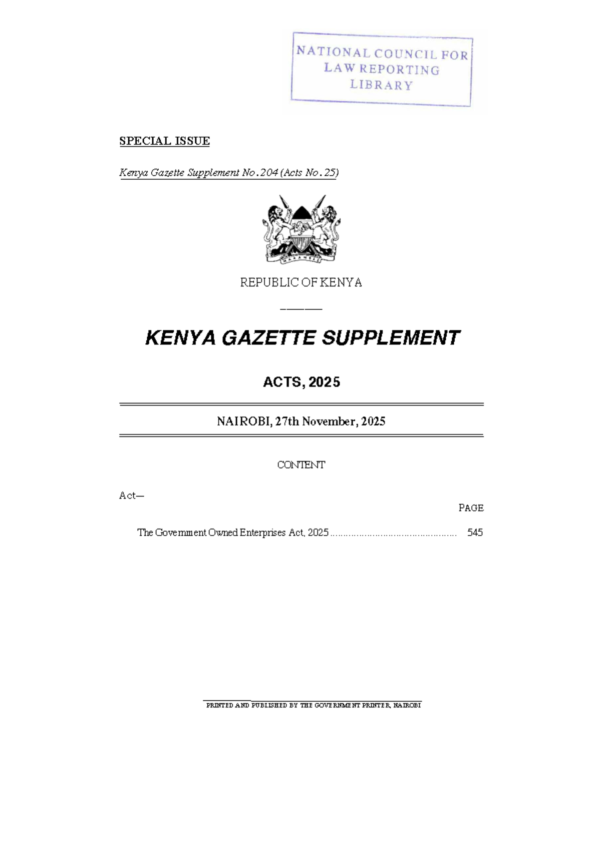 Government Owned Enterprises Act No. 25 - Kenya Gazette Supplement 2025 ...