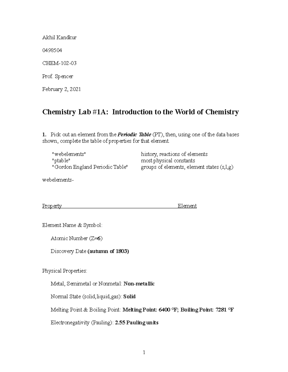 CHEM-102 Lab #1A: Intro to Element Properties & Reactions - Studocu