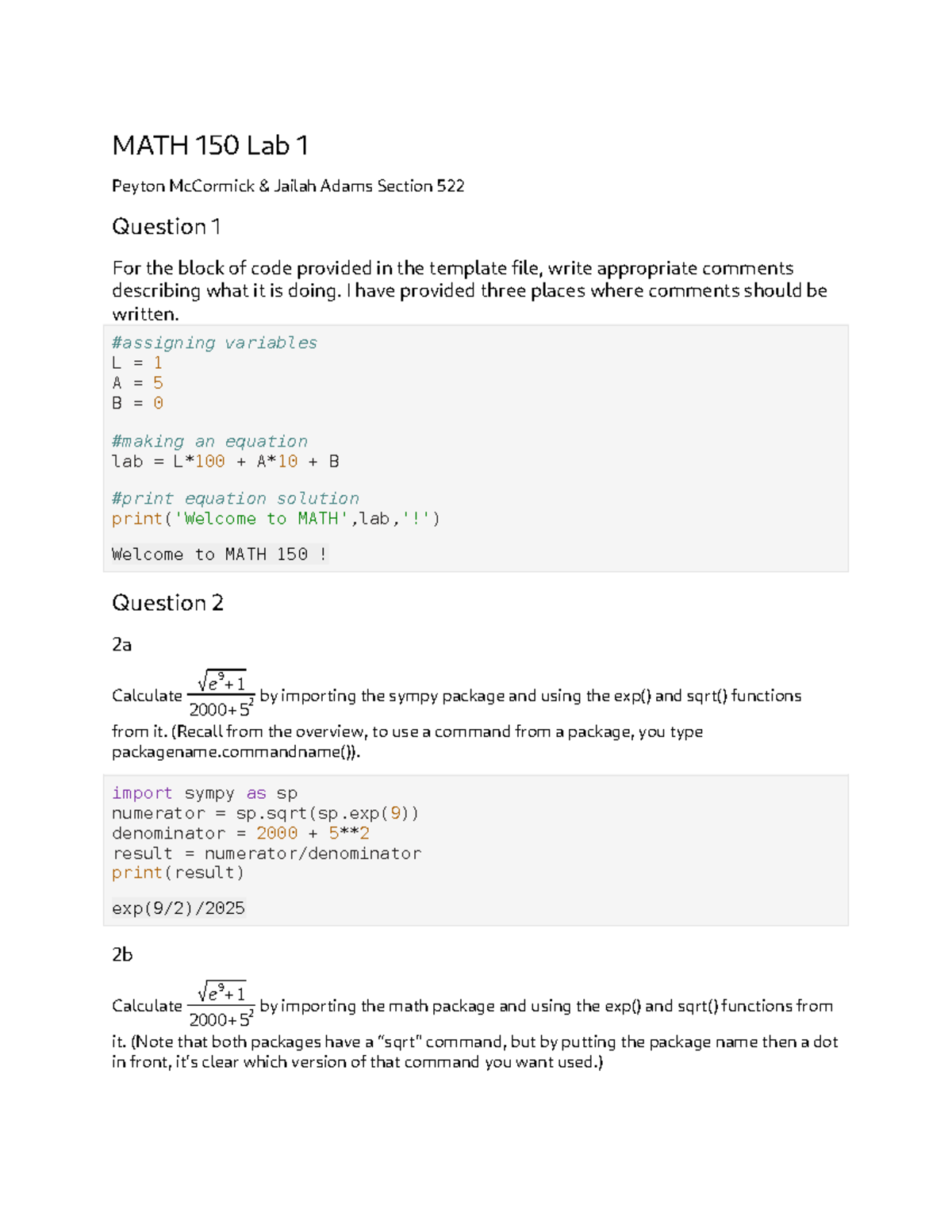MATH 150 Lab 1: Code Comments and Calculations for Functions - Studocu