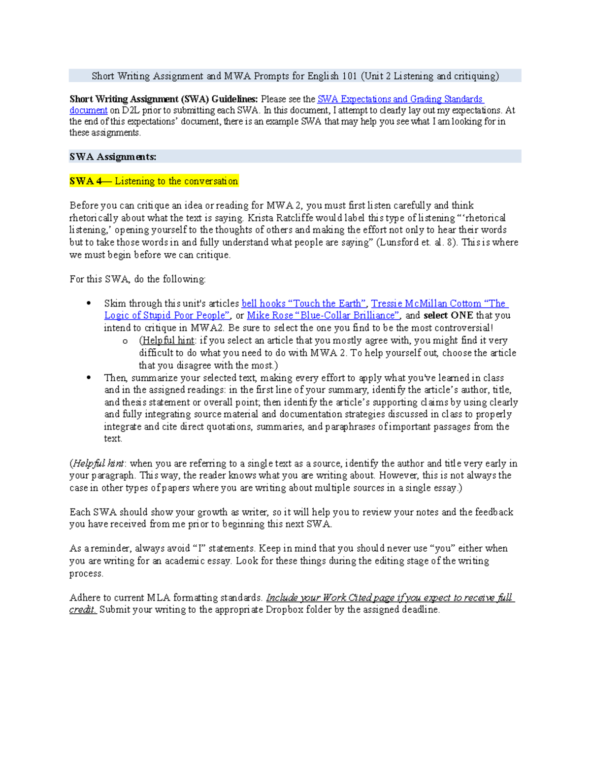 Unit 2 SWA & MWA Prompts for English 101: Essay Guidelines and ...