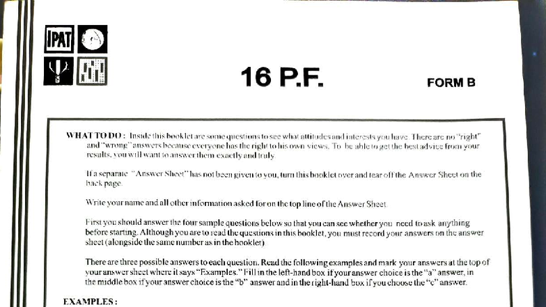 IPAT 16 PF B Assessment with Answer Sheet Instructions - Studocu