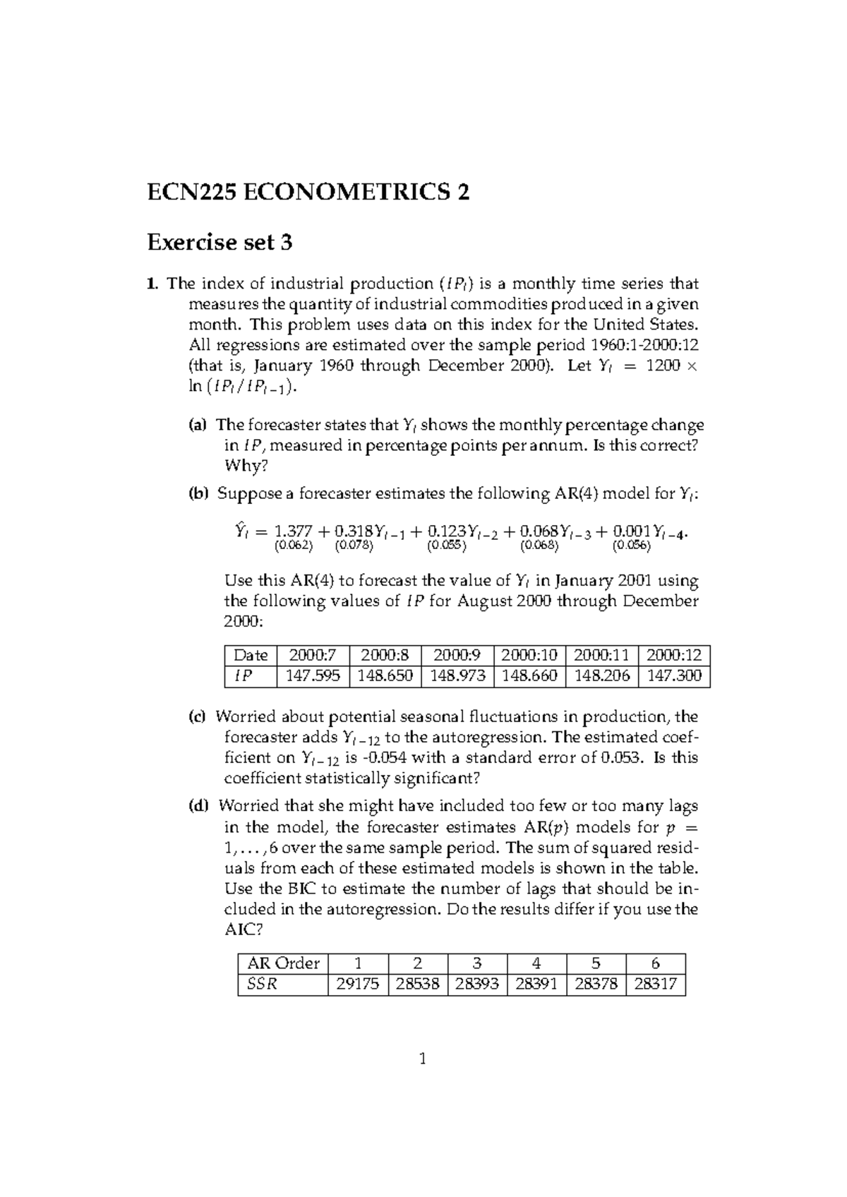ECN225 Econometrics 2 Exercise Set 3 - Industrial Production Analysis ...