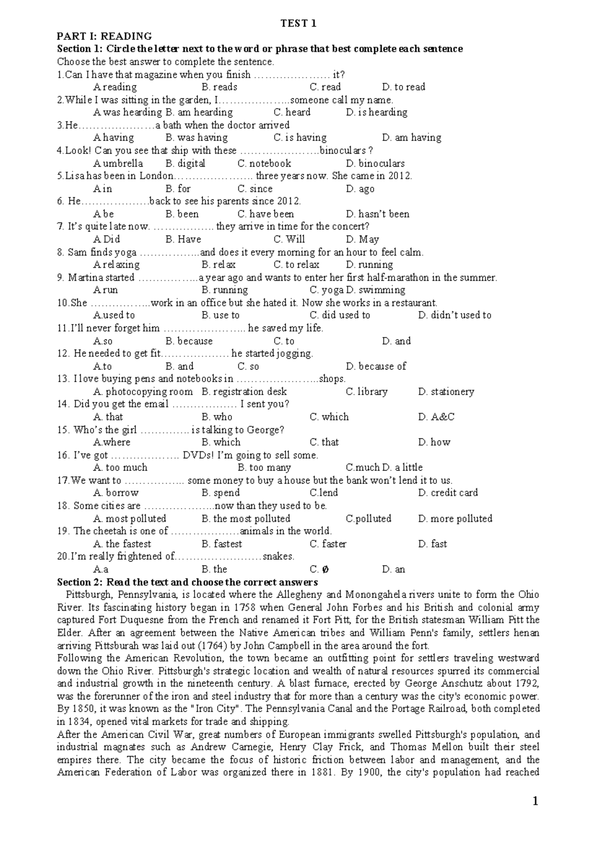 TEST 1 PART I: READING Comprehension and Vocabulary Exercises - Studocu