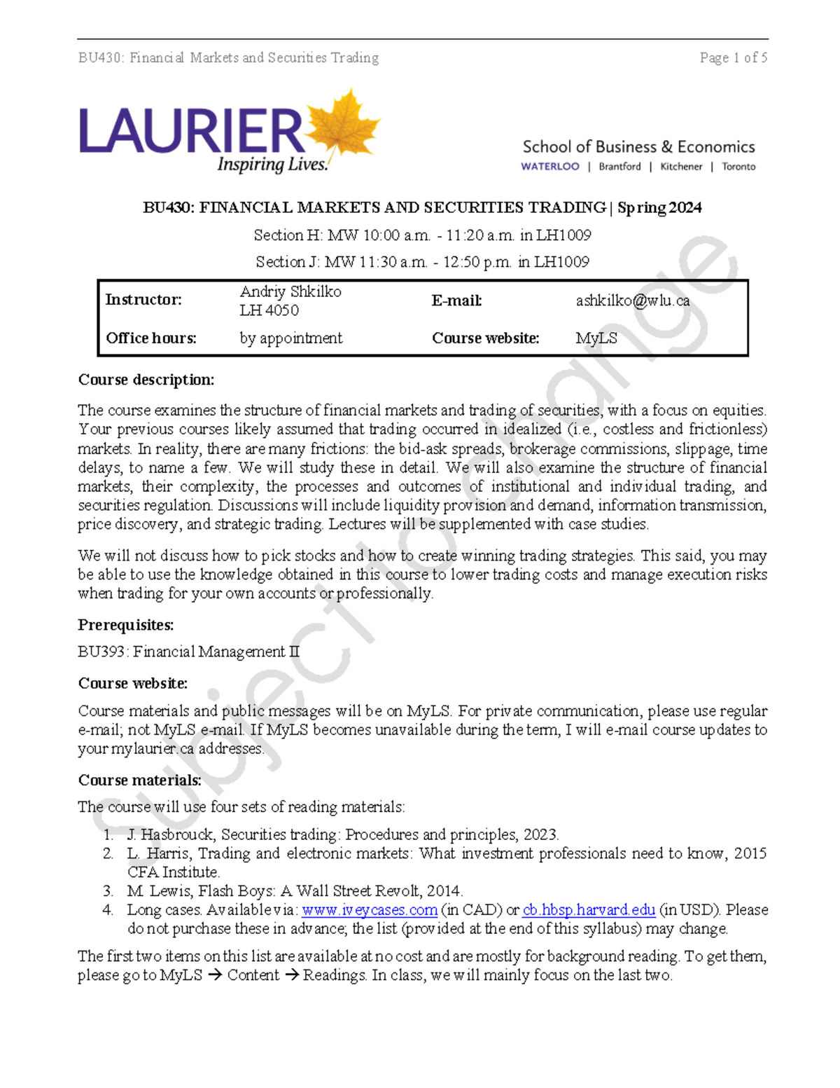 BU430 - Financial Markets and Securities Trading Overview