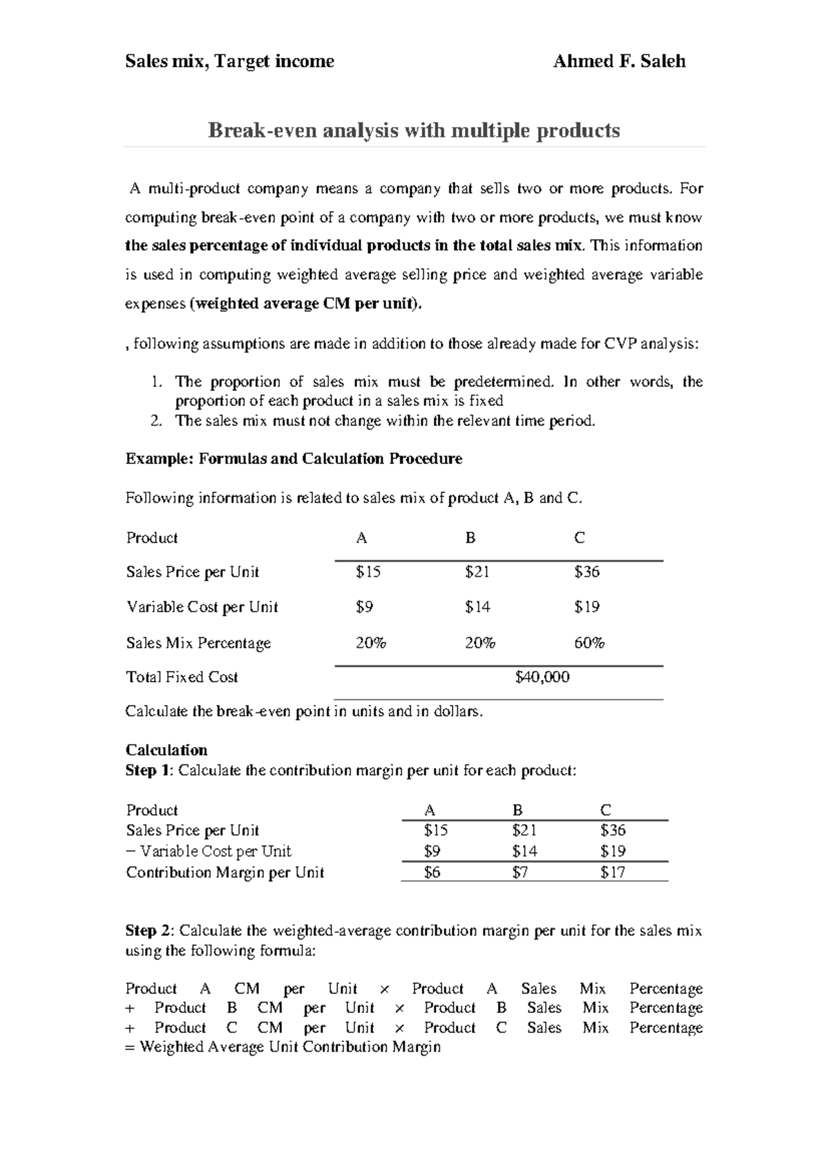 Multi-Product BEP Analysis: Sales Mix & Target Income (Ahmed F. Saleh ...
