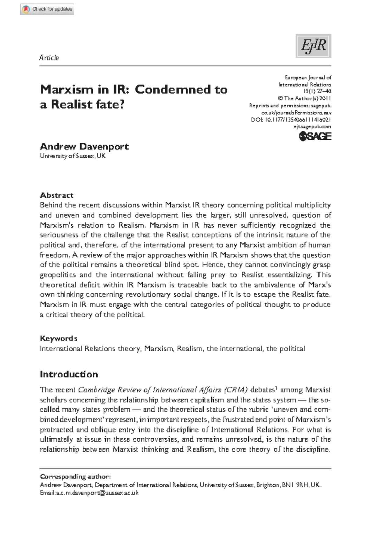 416021 Essay Notes: Marxism in IR and Its Realist Challenges - Studocu