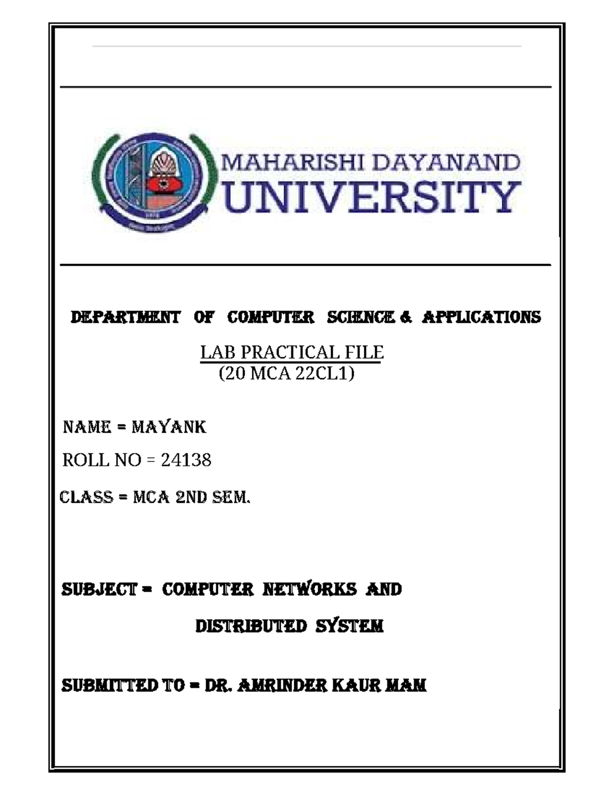 20 MCA 22CL1 - Computer Networks Applications Lab Practical File - Studocu