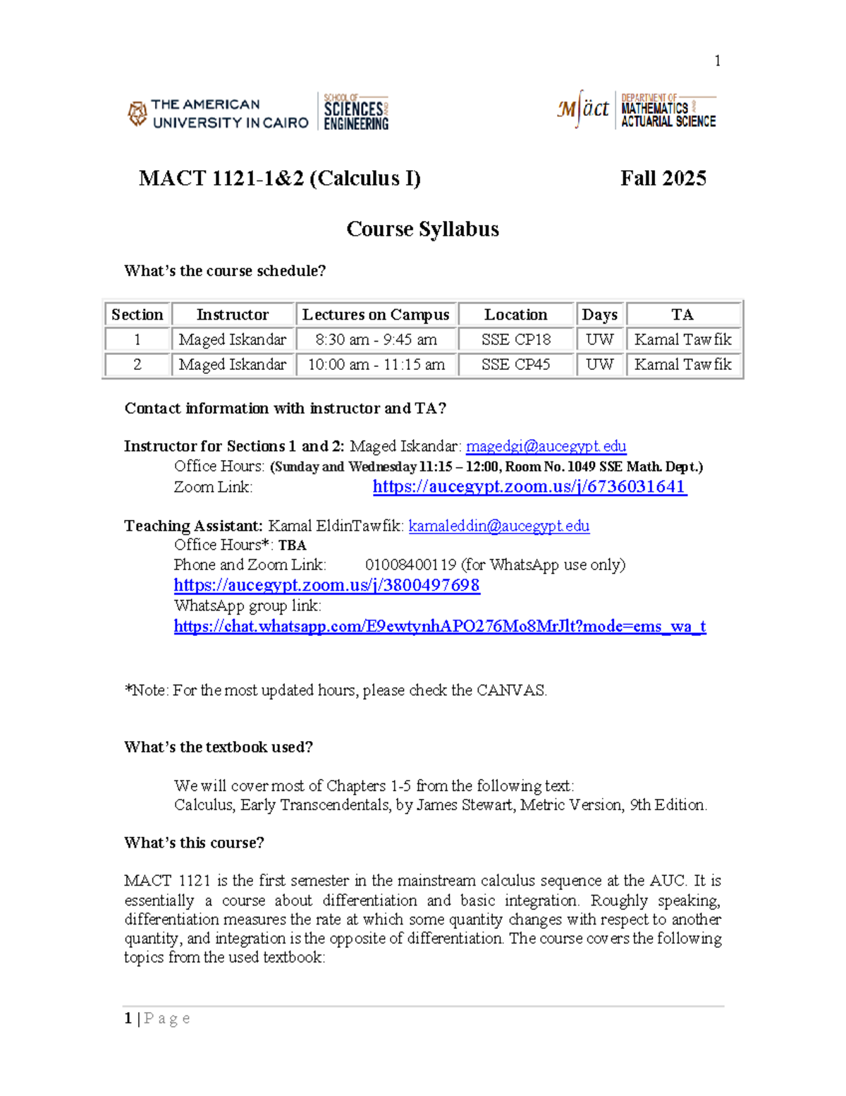 MACT 1121 Calculus I Course Syllabus & Schedule - Fall 2025 - Studocu