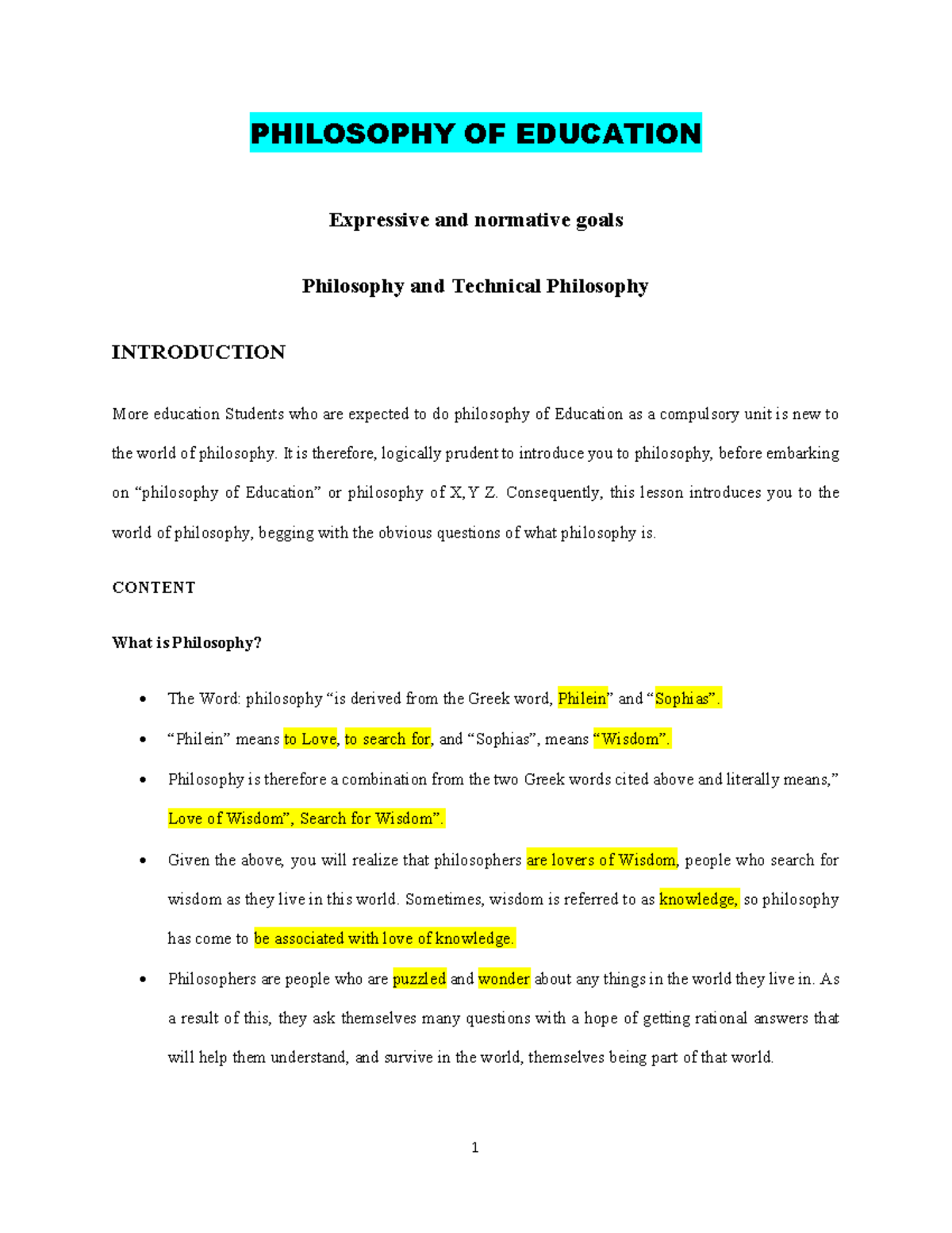 PHIL 101: Lesson One - Introduction to Philosophy of Education - Studocu