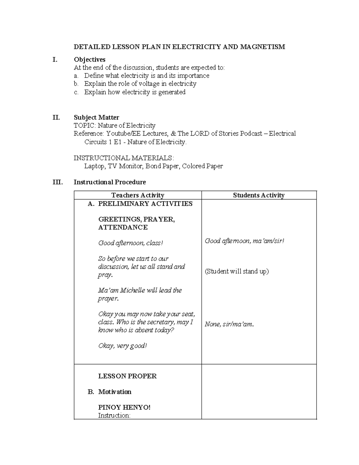 Detailed Lesson Plan In Electricity Magnetism Nature Of Electric