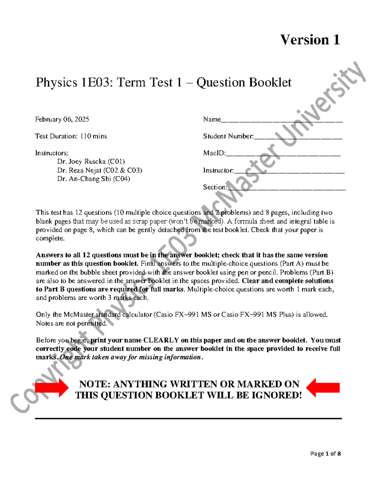 Phys1e03 W25 Test1 Questions V1 - Version 1 Physics 1E03: Term Test 1 ...