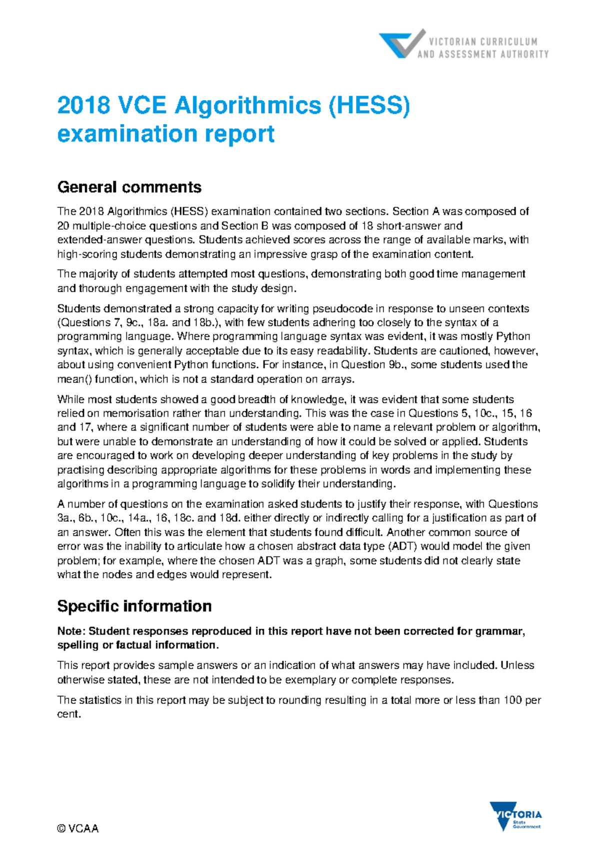 2018 VCE Algorithmics (HESS) Exam Report: Insights and Analysis - Studocu