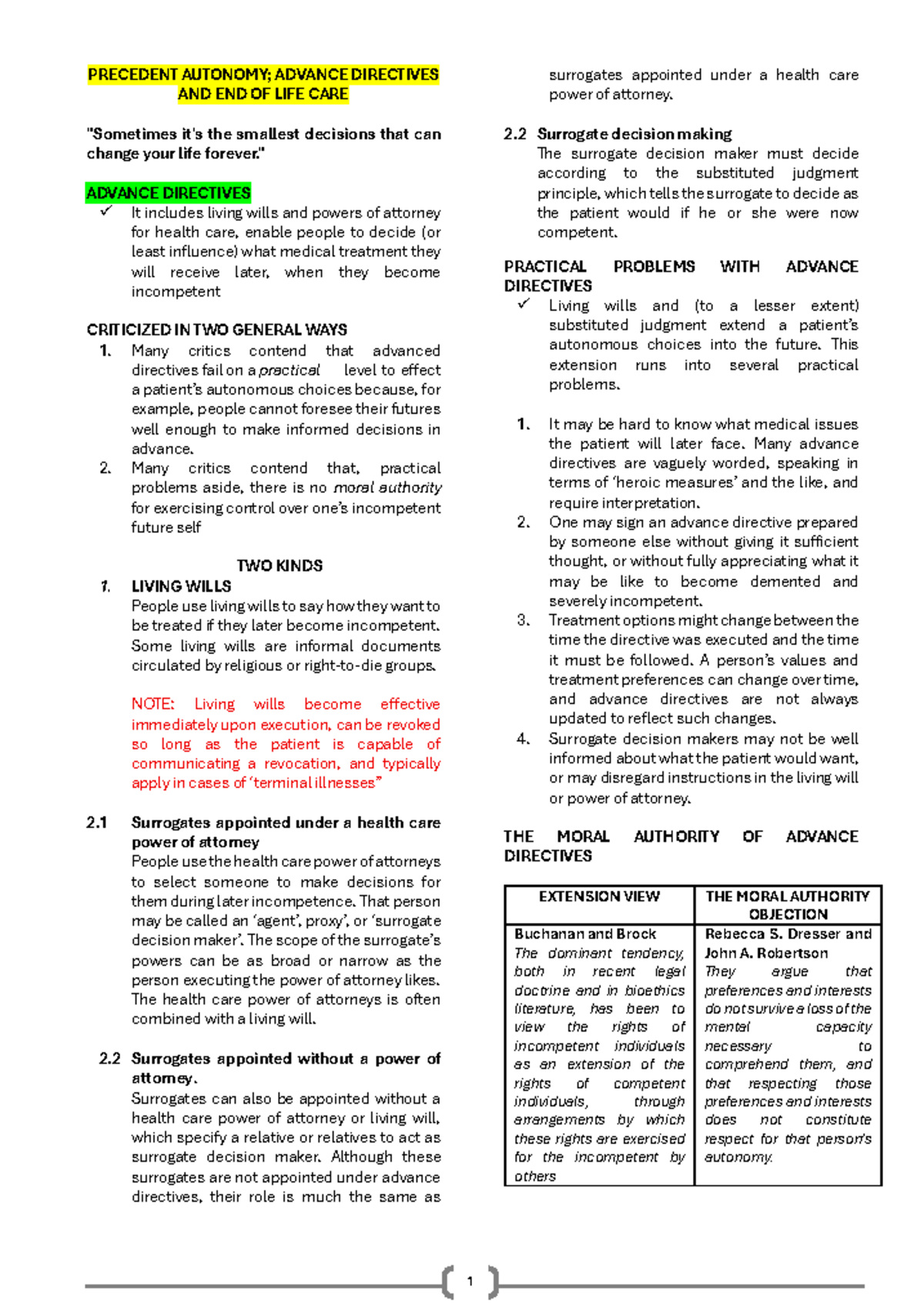 Bioethics 101: Precedent Autonomy & Advance Directives Overview - Studocu