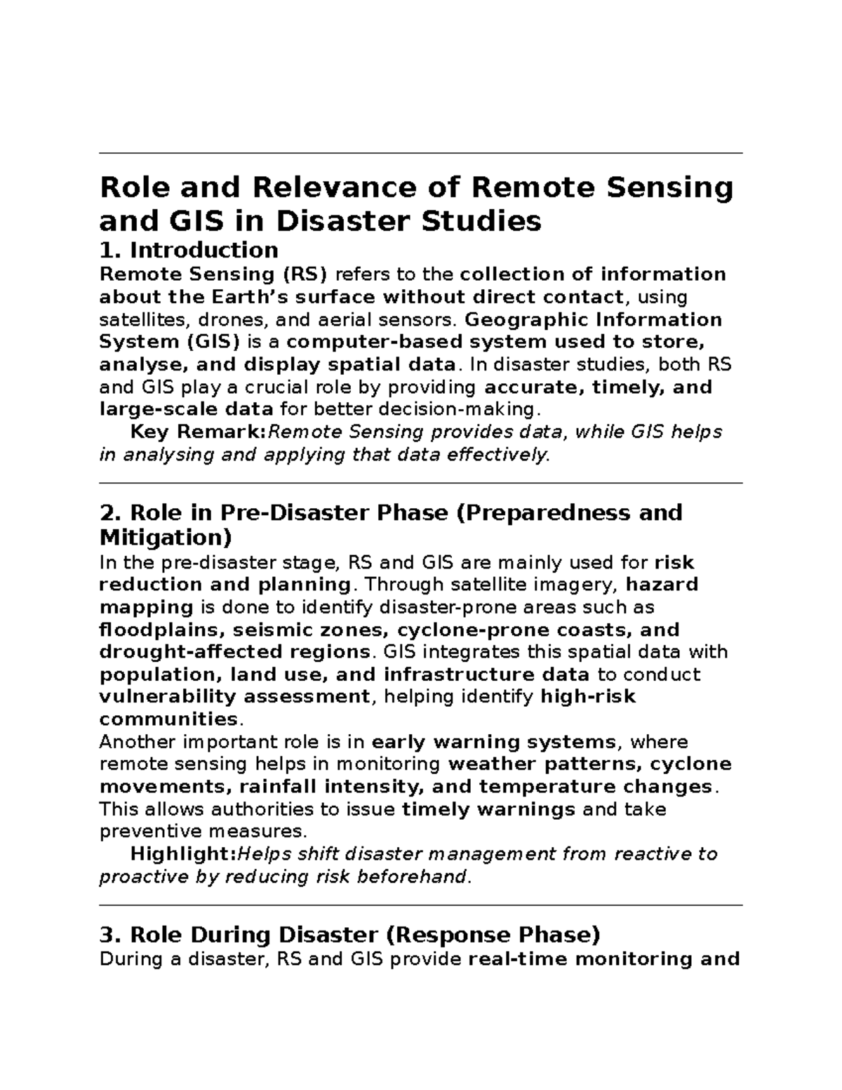 Sensing and GIS in Disaster Studies: An Overview - Studocu