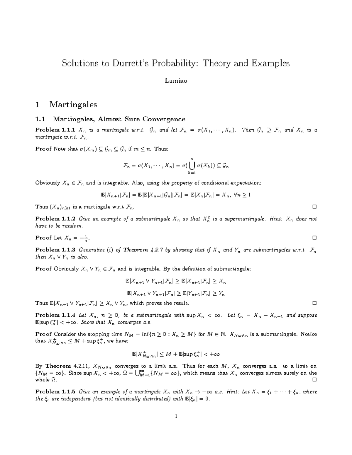 Solutions to Selected Problems in Durrett's Probability (Course Code ...