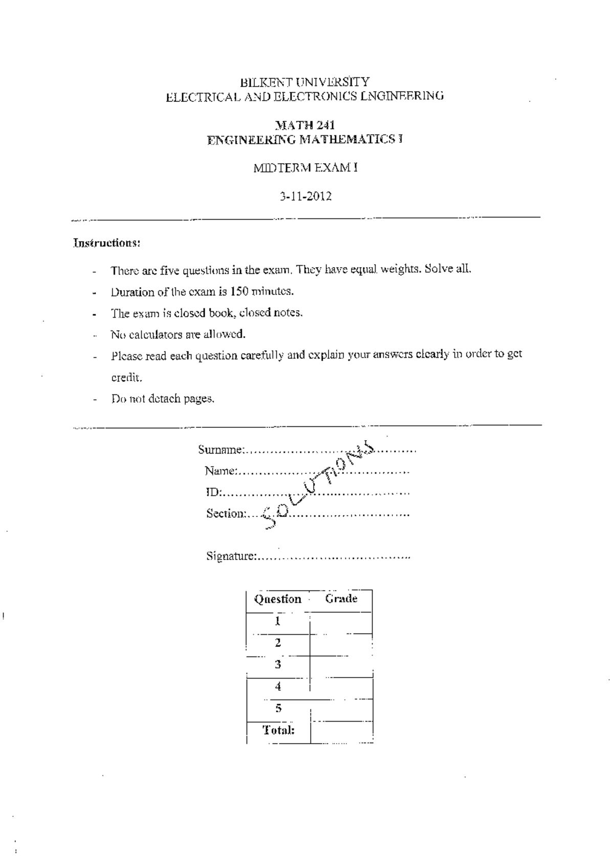 Math241 Fall2012 Midterm Exam I Solutions and Analysis - Studocu
