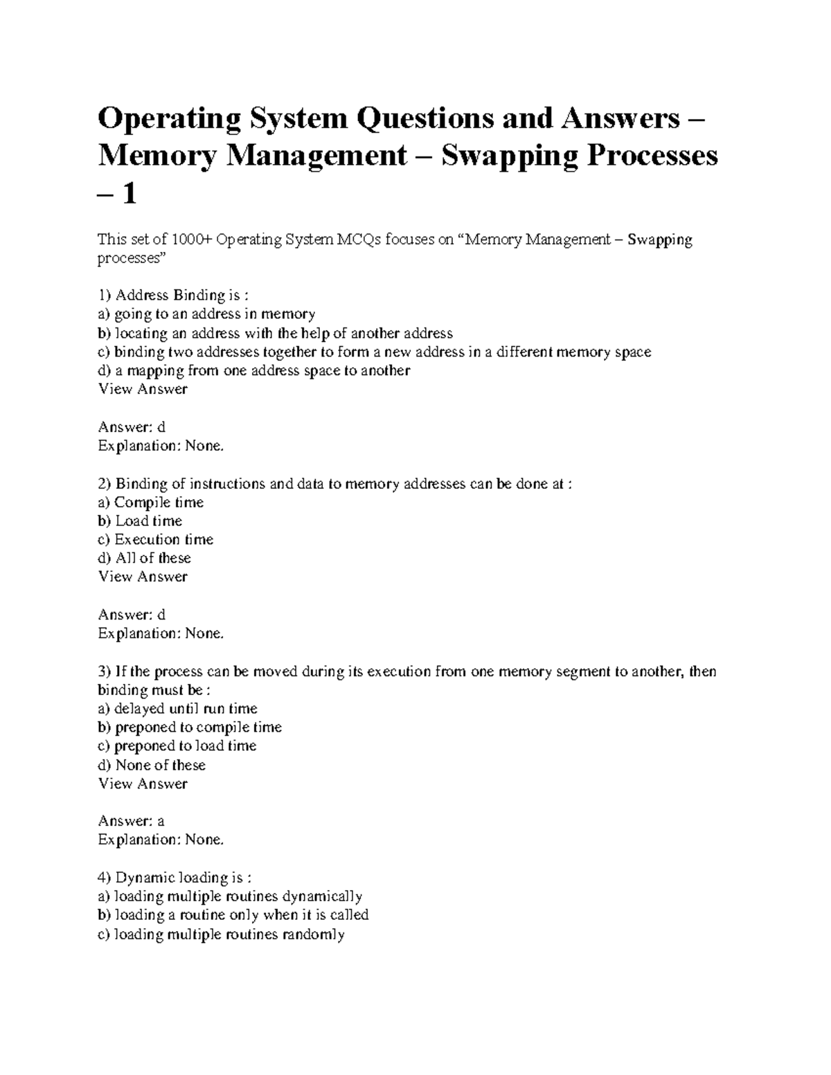 Operating System MCQs on Memory Management & Swapping Processes - Studocu