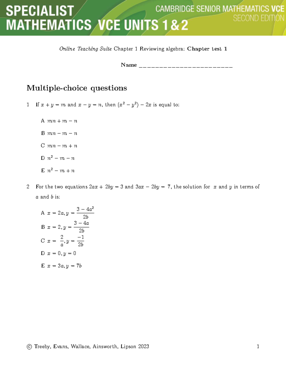 Chapter 1 Test 1 - Maths Review and Solutions - Studocu