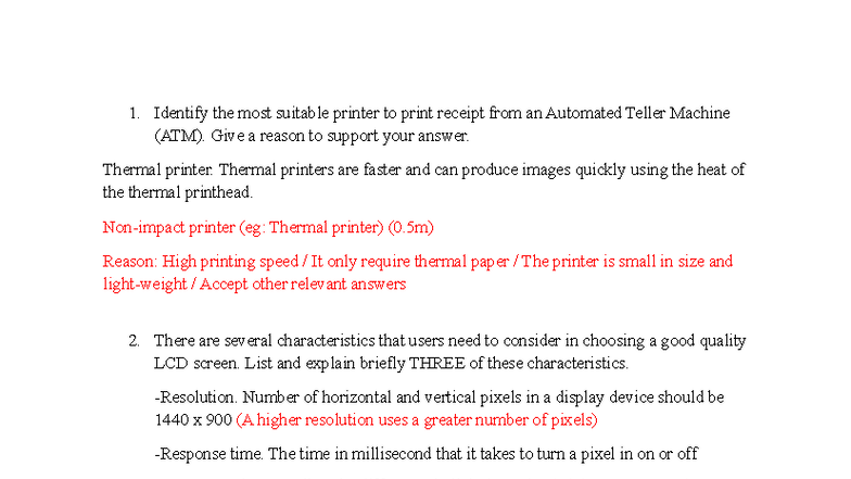 Computer Application (CA101) Past Year Exam Notes on Printers ...