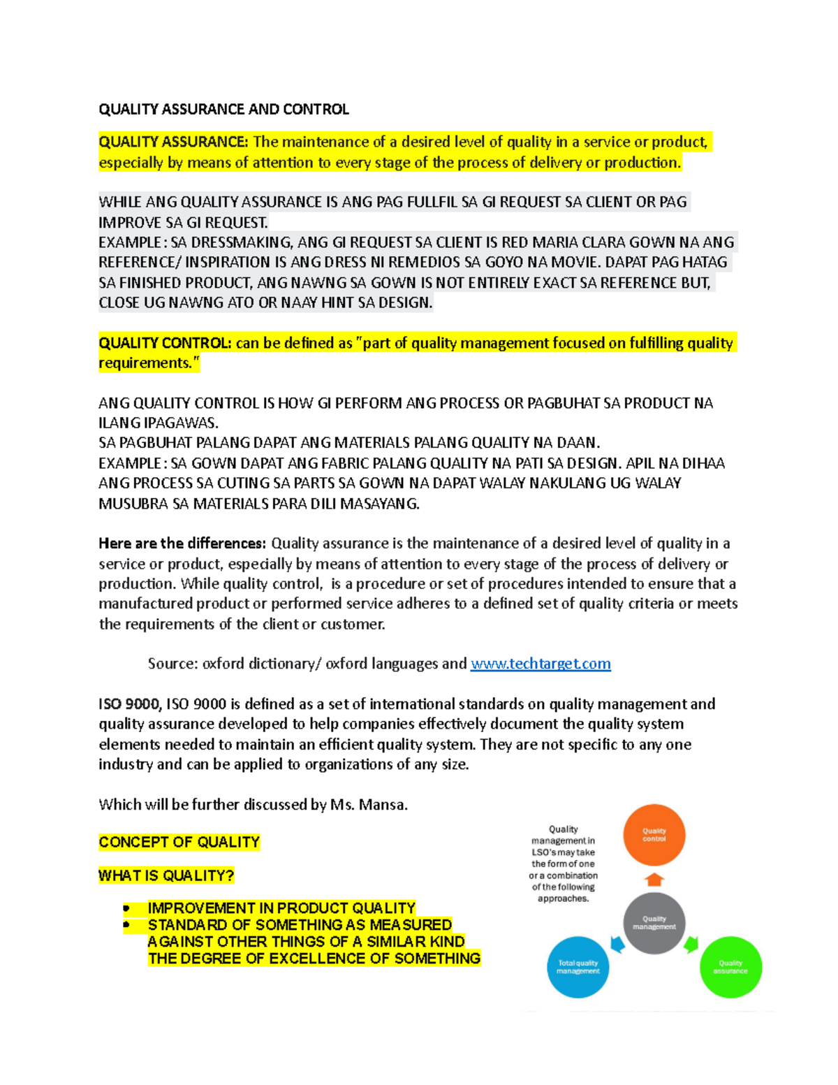 Quality Assurance AND Control - QUALITY ASSURANCE AND CONTROL QUALITY ...