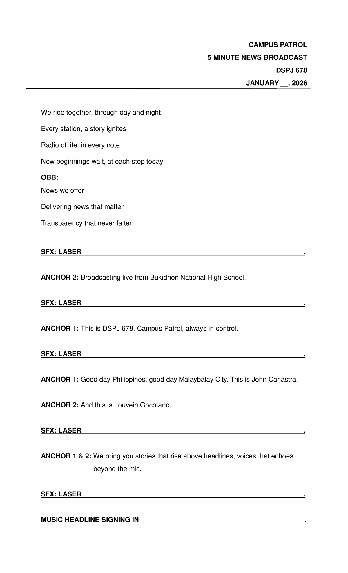 CAMPUS PATROL RADIO BROADCAST SCRIPT DSPJ 678 JANUARY 2026 - Studocu