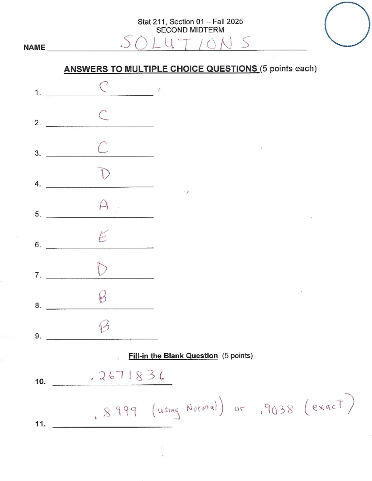 Midterm 2 Solutions - Stat 211, Section 01 - Fall 2025 - Studocu