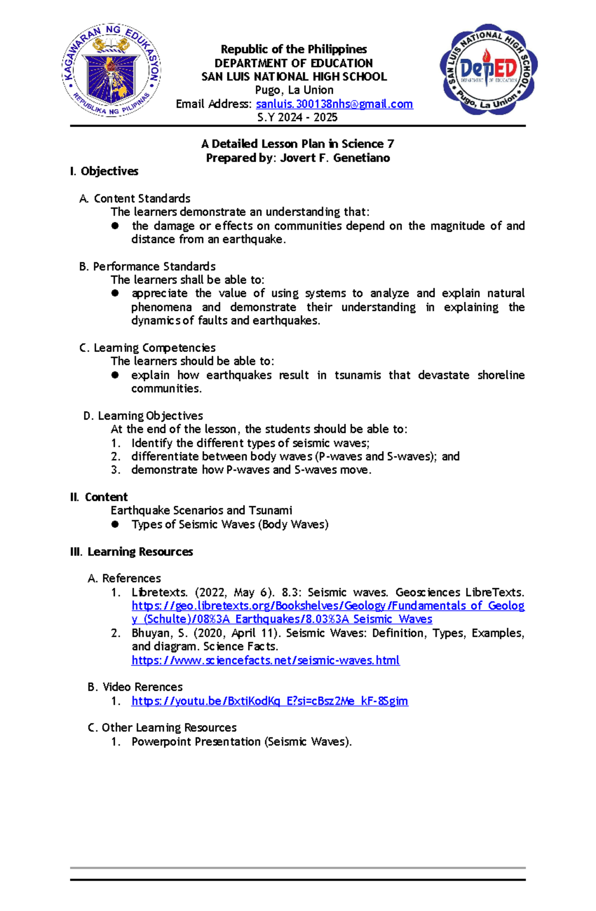 Detailed Lesson Plan on S-waves and P-waves for Science 7 DLP - Studocu