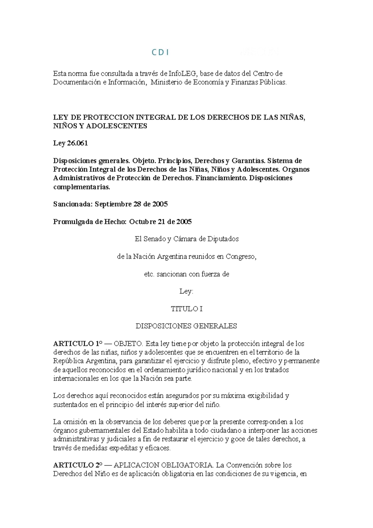 Ley 26: Protección Integral de los Derechos de Niñas y Adolescentes ...