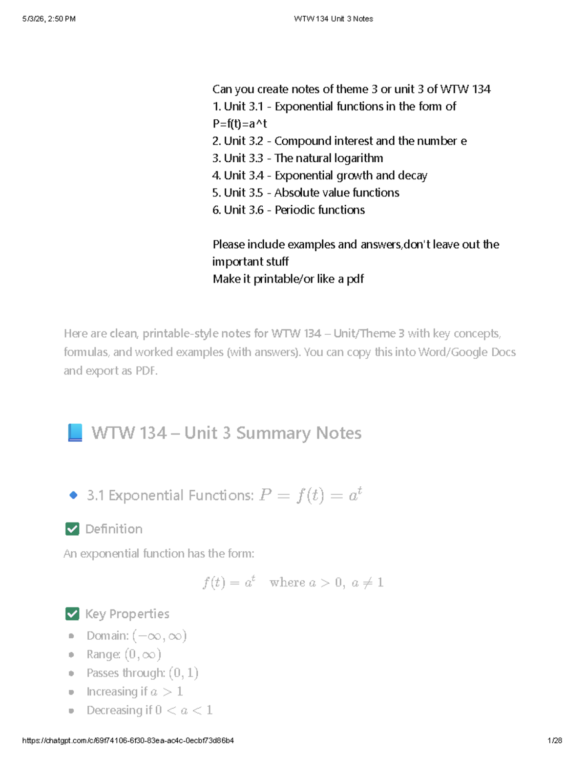 WTW 134 Unit 3 to 5 Summary Notes with Key Concepts and Examples - Studocu