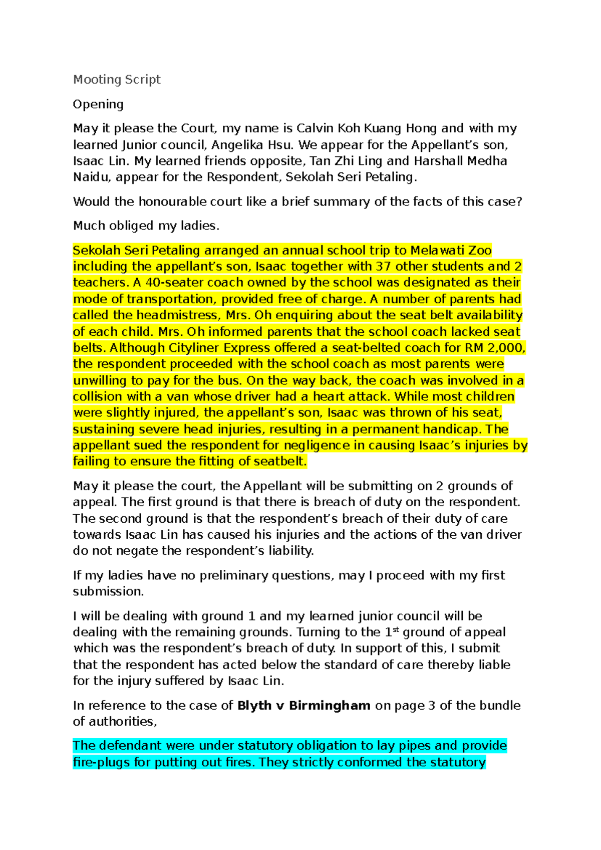 Mooting Script: Opening Statement for Case Isaac Lin v. Sekolah Seri ...