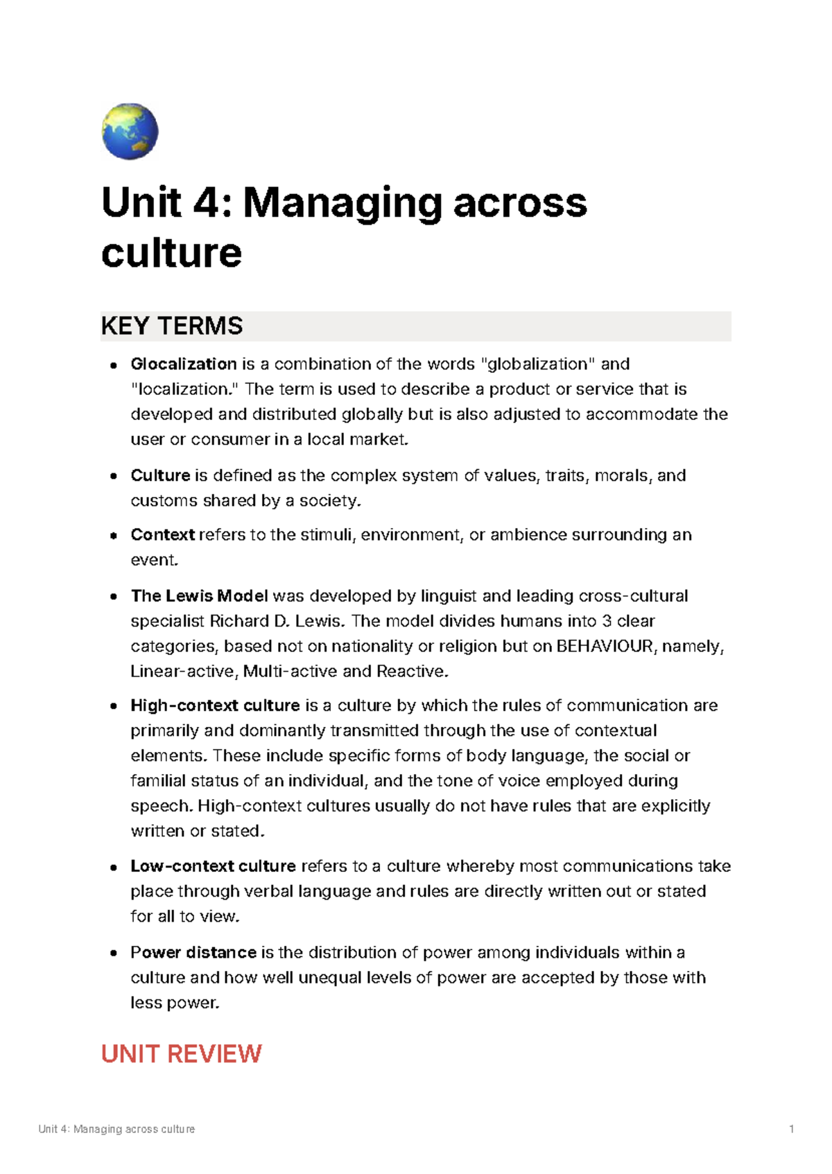 Unit 4: Managing Across Cultures - Key Terms & Concepts - Studocu