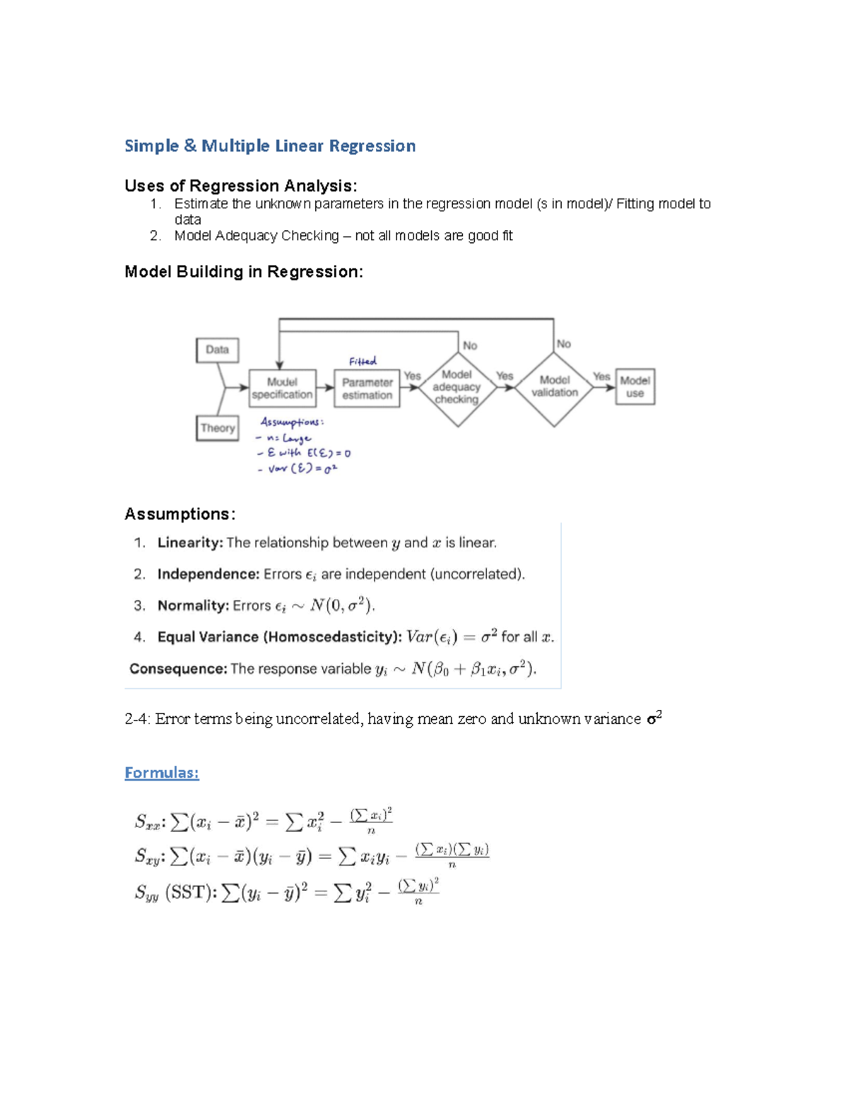 SLR & MLR Summary Sheet: Key Concepts and Formulas - Studocu
