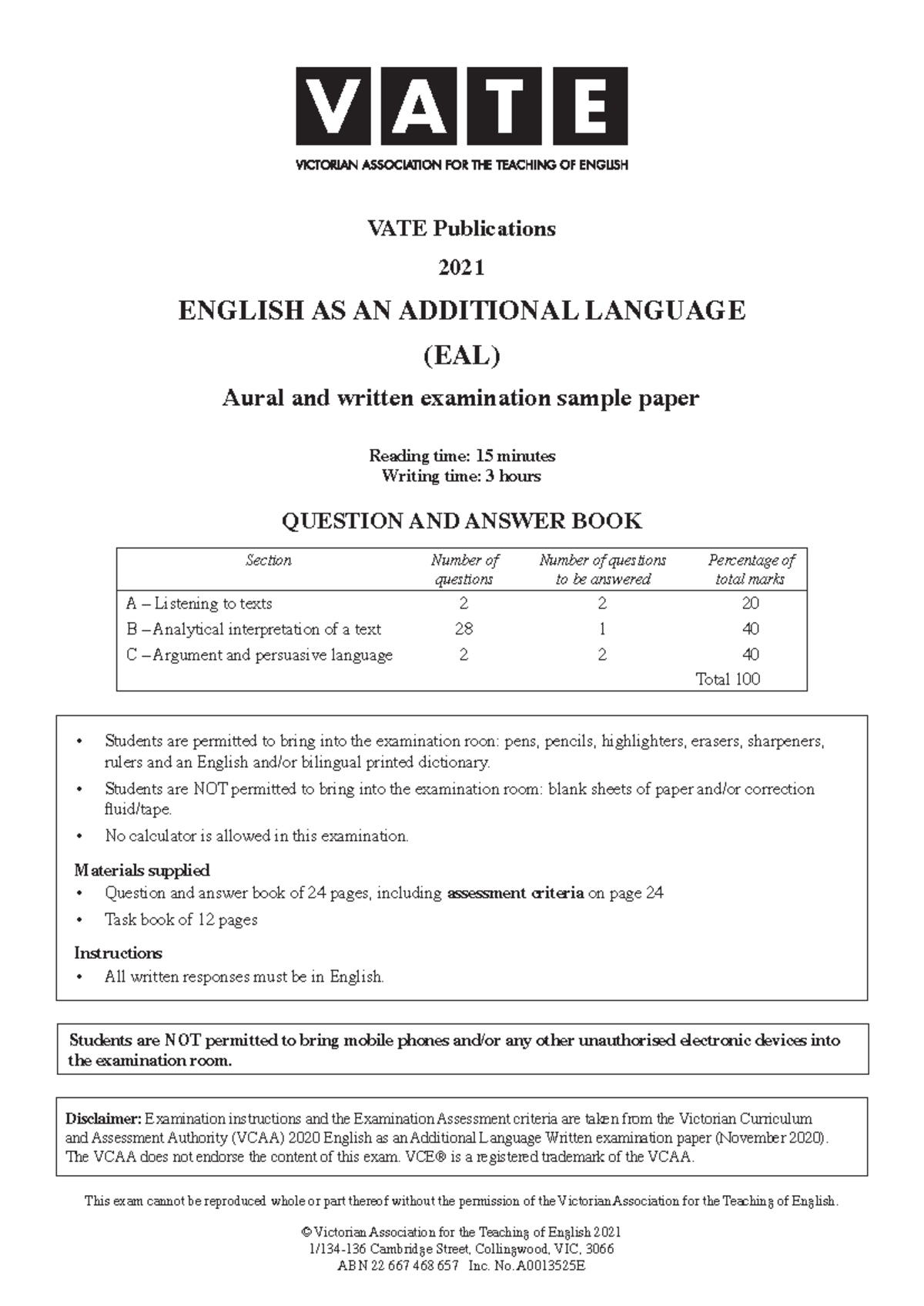 2021 VATE EAL Sample Exam Qn A Book (Final Exam) - Studocu