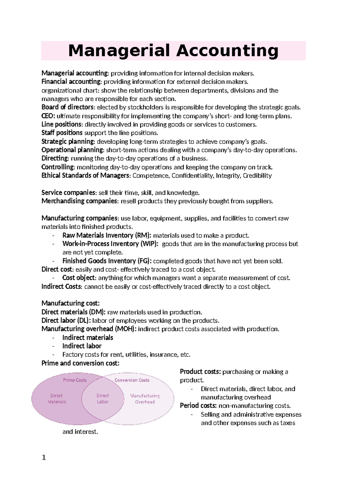 Managerial Accounting Notes (ACCT 101): Key Concepts & Costing Methods ...