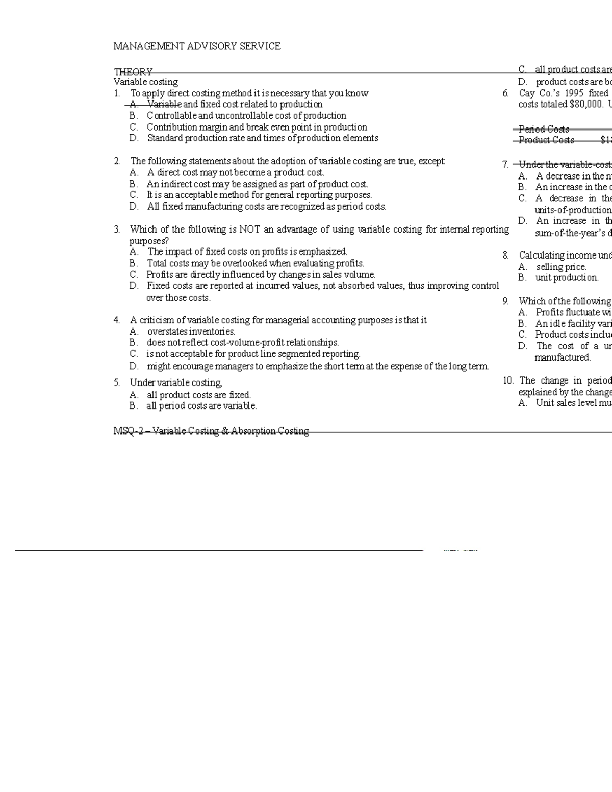 MANAGEMENT ADVISORY SERVICE: Variable Costing Theory Notes - Studocu