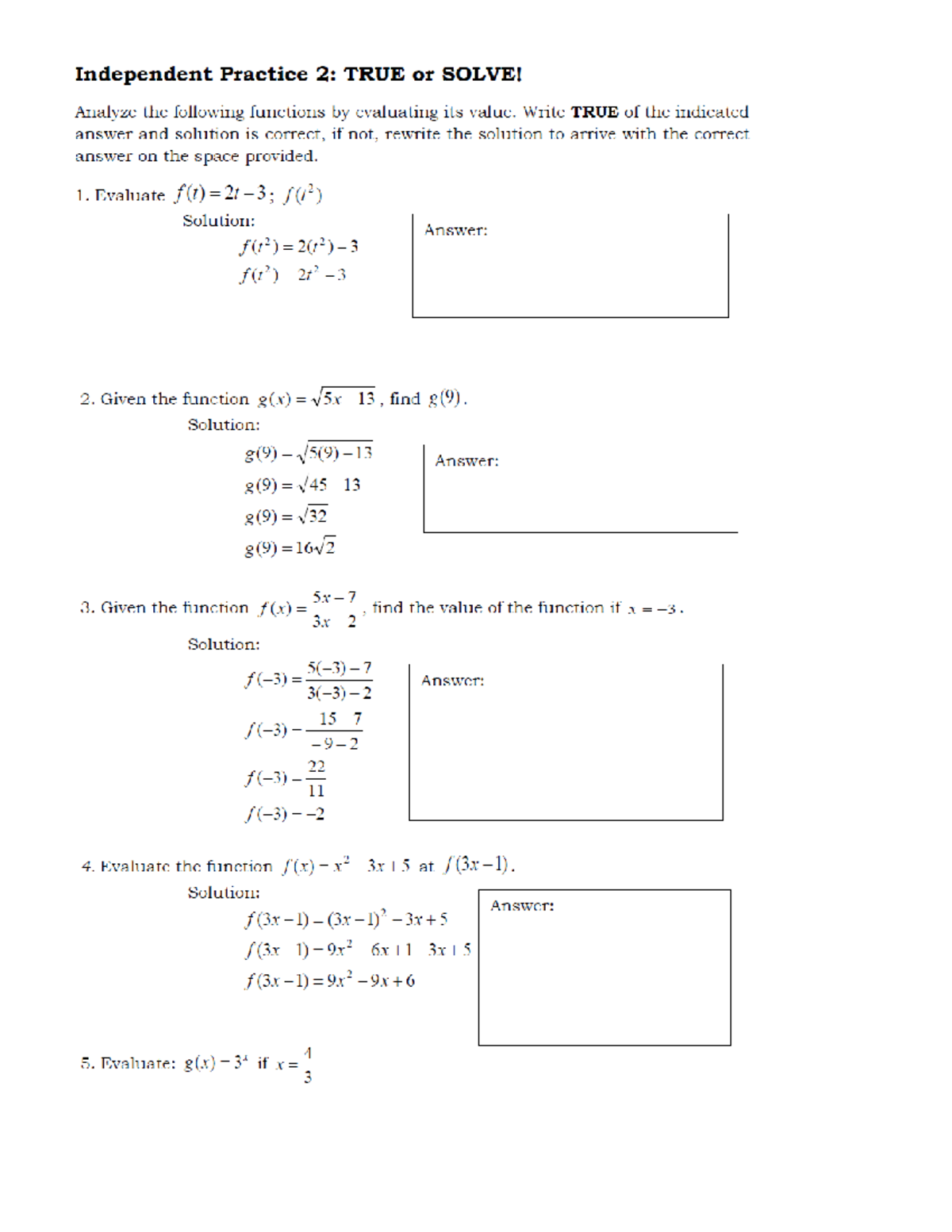 Functions Evaluation Practice: TRUE or SOLVE! - Studocu