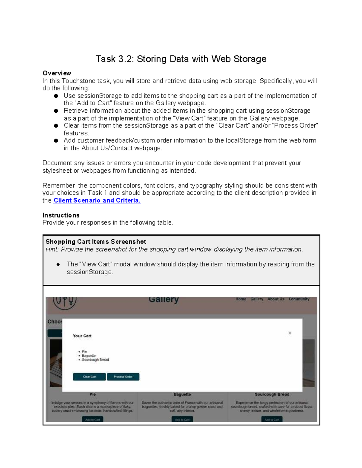 Touchstone Task 3.2: Web Storage Implementation for Shopping Cart - Studocu