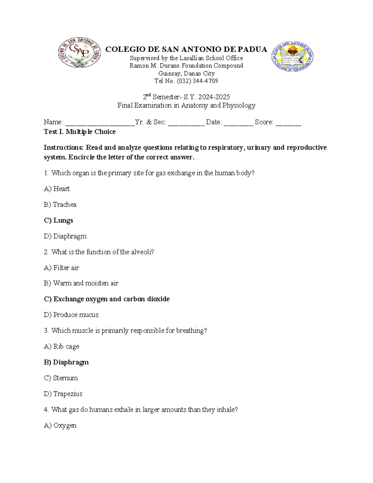 COLEGIO DE SAN ANTONIO DE PADUA S.Y. Final Exam Answer Key: Anatomy &amp; Physiology - Studocu